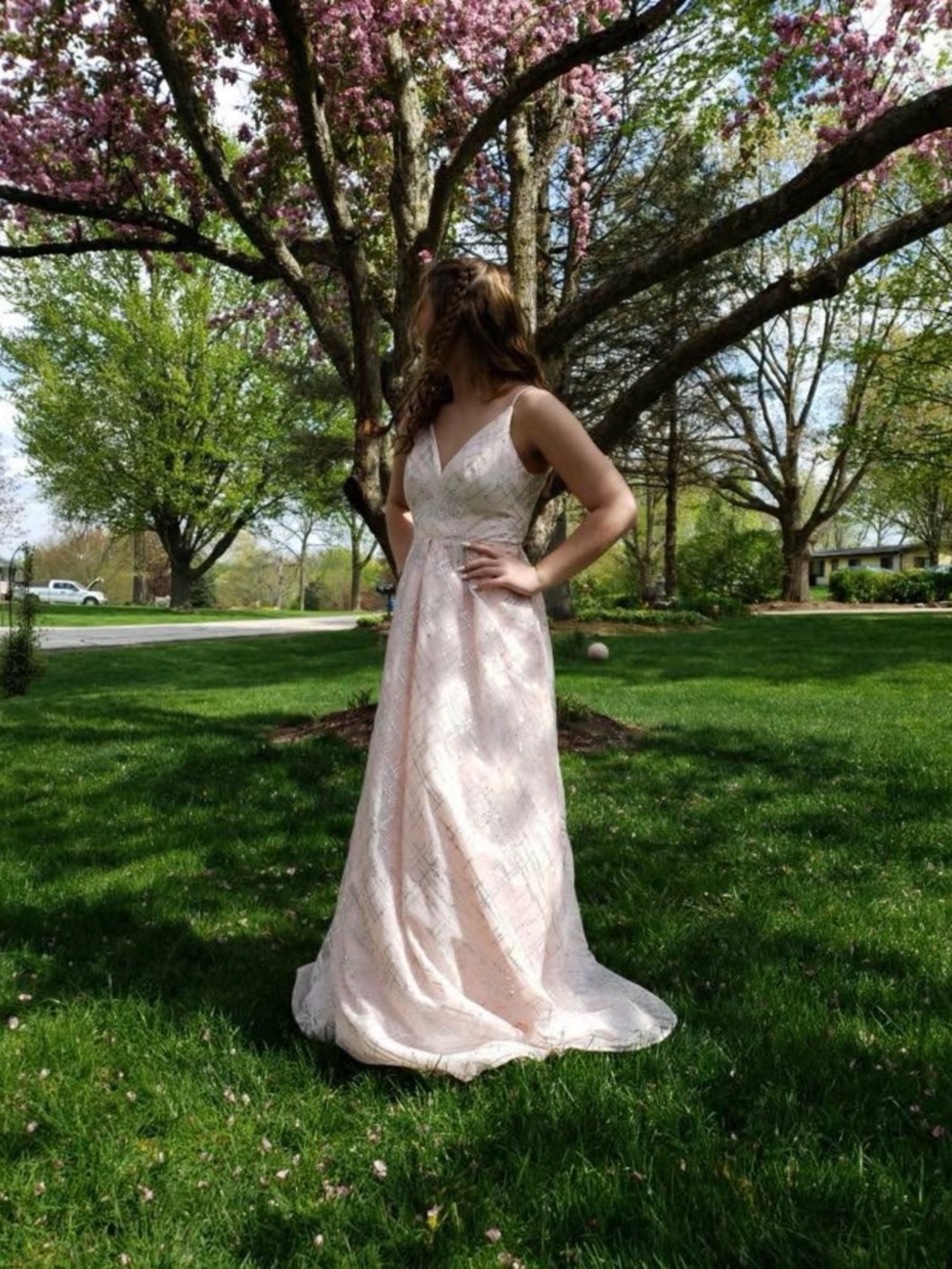 Crystal Doll Blush Pink V-Neck Prom Gown